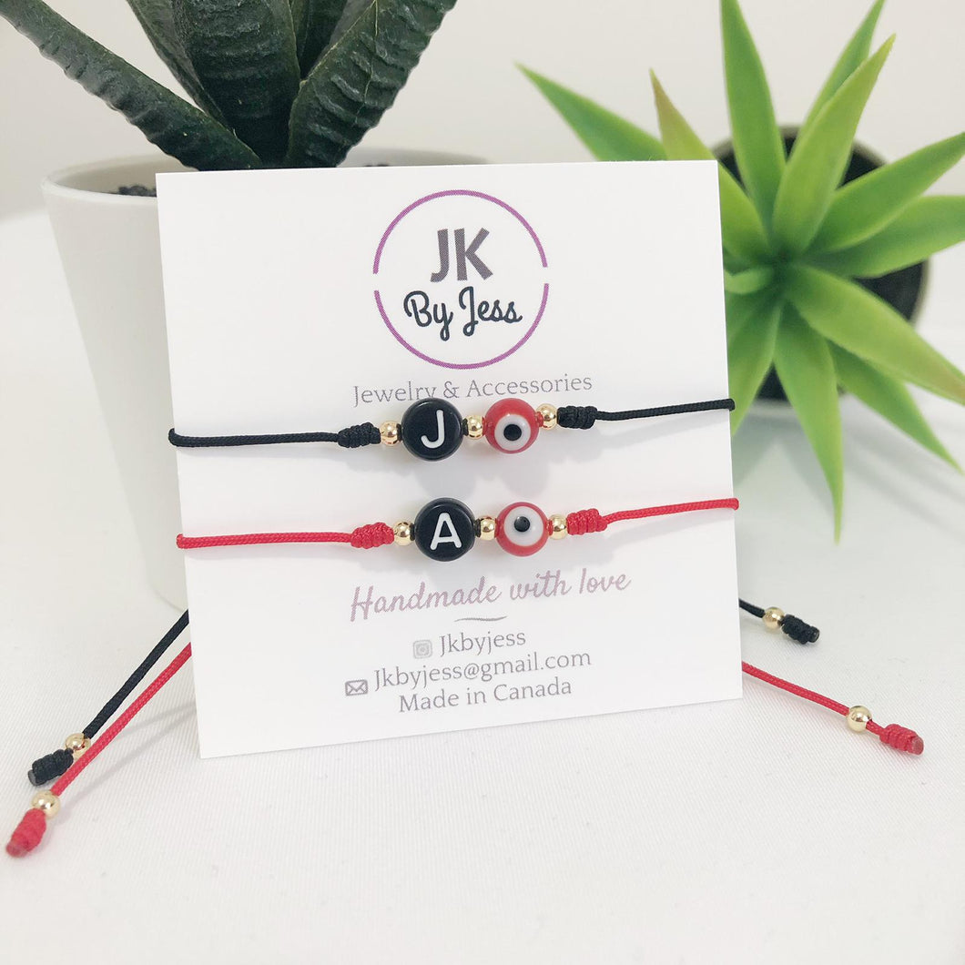 The Letter & Evil Eye Bead Bracelet - Black Thread