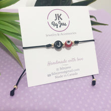 Load image into Gallery viewer, The Letter &amp; Evil Eye Bead Bracelet - Black Thread
